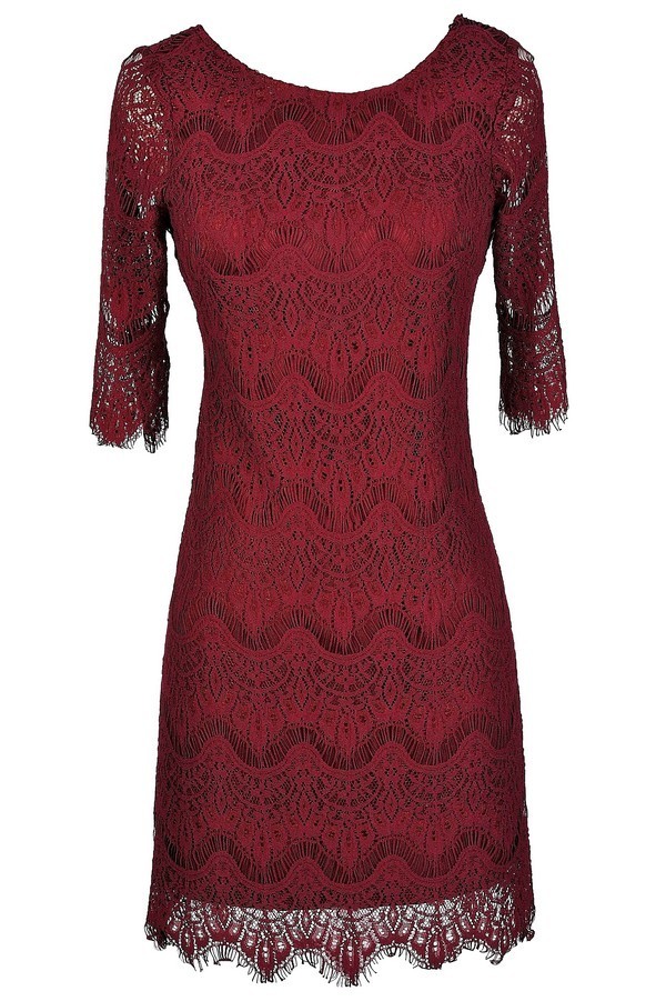 Red Lace Dress, Burgundy Lace Dress, Red Lace Sheath Dress, Cute