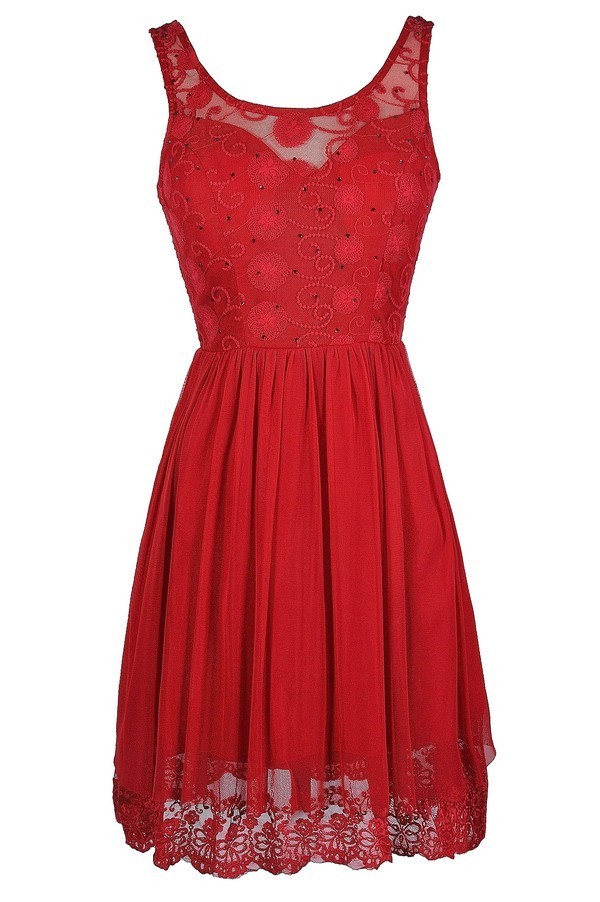 Red Embroidered Dress, Red A-Line Dress, Red Mesh Dress, Cute Red Dress ...