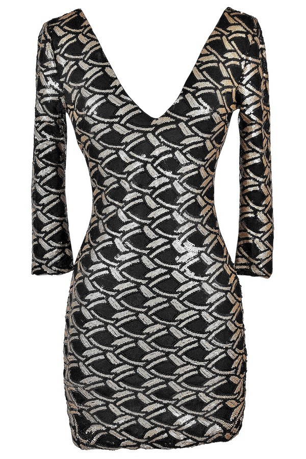 Black and Gold Sequin Dress, Cute Black and Gold Party Dress, Black and