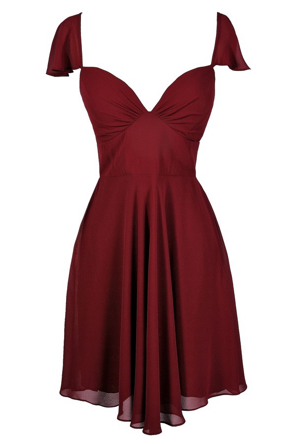 Red Flutter Sleeve Dress, Burgundy Flutter Sleeve Dress, Cute Burgundy ...