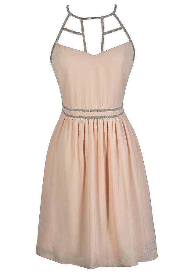 Pale Pink Dress, Beaded Pale Pink Dress, Cutout Neckline Dress, Pink
