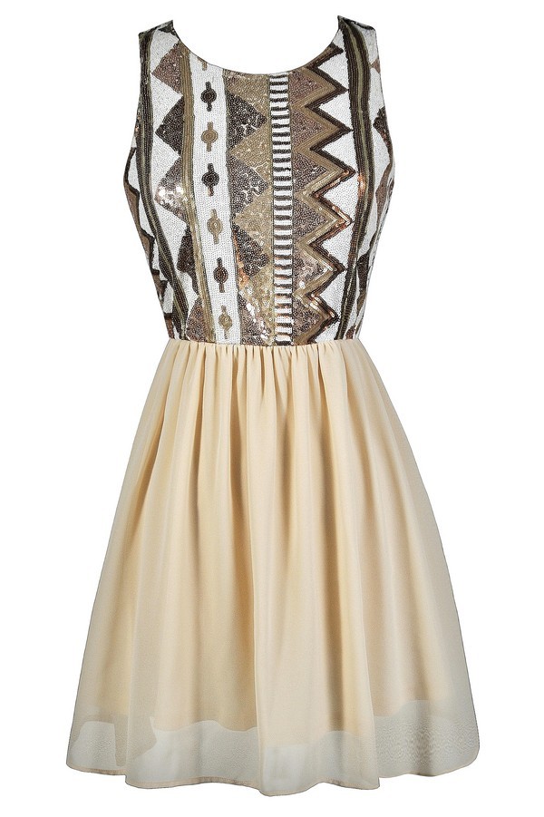 Beige Sequin Dress, Sequin and Chiffon Dress, Beige Sequin Party Dress ...