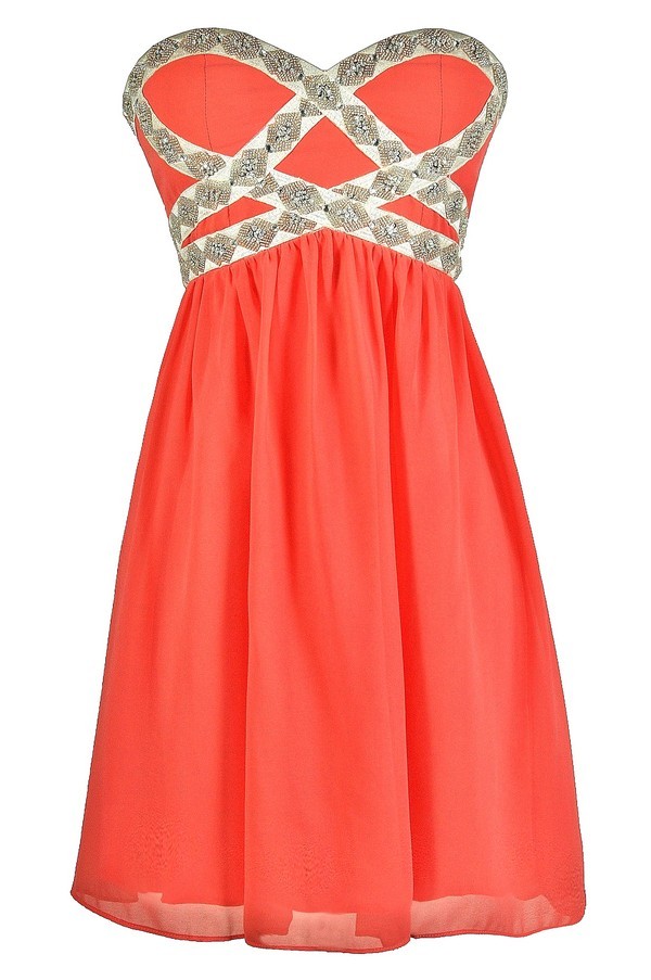 Coral Embellished Dress, Coral Party Dress, Coral Beaded