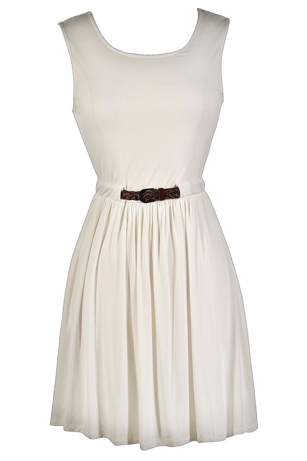 Ivory A-Line Dress, Cute Ivory Dress, Belted Ivory Dress, Cute Country ...