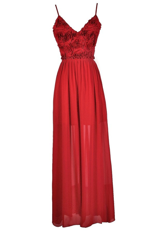 Cute Red Dress, Rosette Maxi Dress, Cute Maxi Dress, Red Rosette Maxi ...