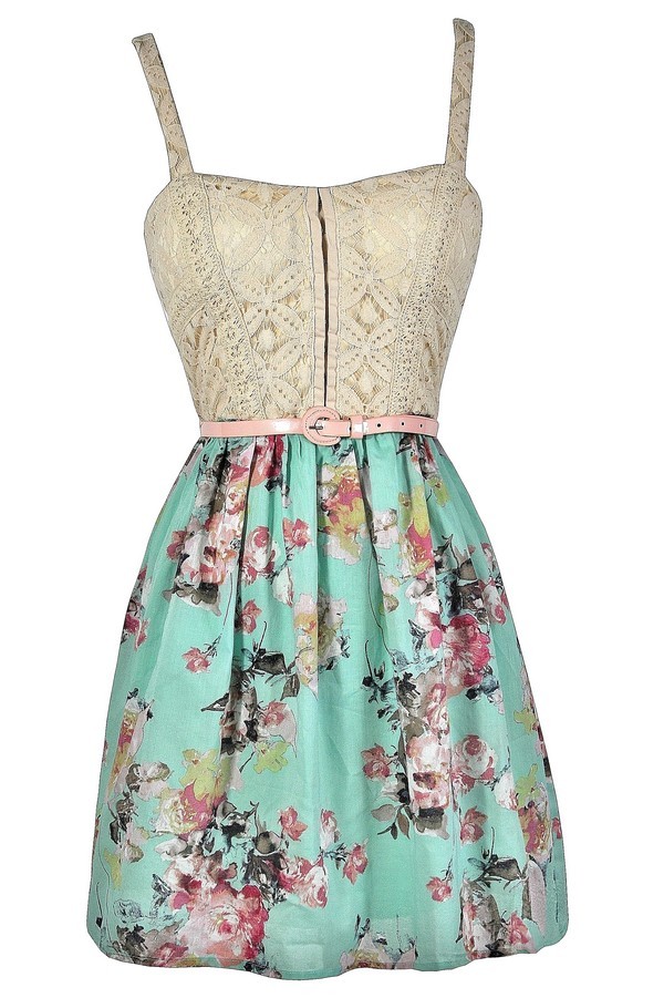 Mint Floral Dress, Floral Print Belted Dress, Mint Floral Summer Dress ...