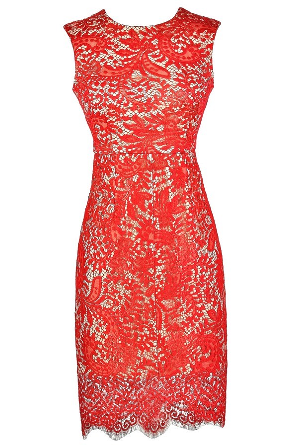 Bright Red Lace Dress, Red Lace Pencil Dress, Cute Bridesmaid Dress ...