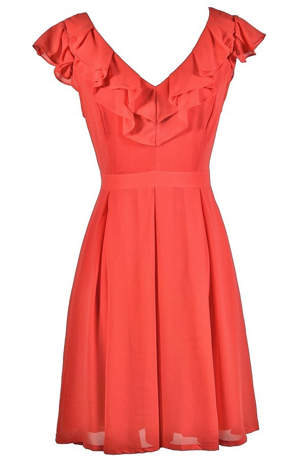 Coral Ruffle Dress, Coral Party Dress, Coral ALine Dress, Cute Coral