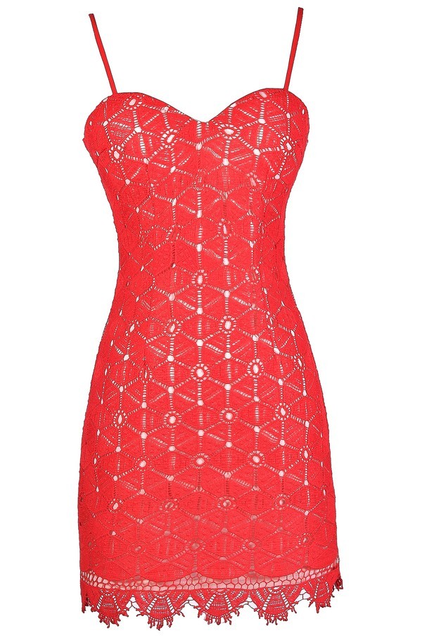 Coral Red Dress, Coral Red Lace Dress, Coral Red Crochet Dress, Boho ...