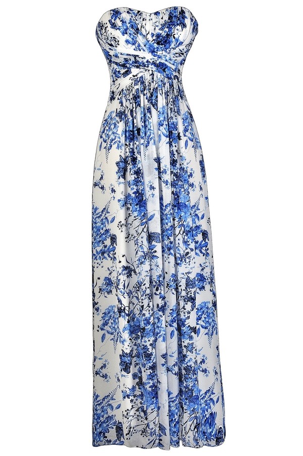 Blue and Ivory Floral Print Maxi Dress Blue and Ivory Maxi Dress