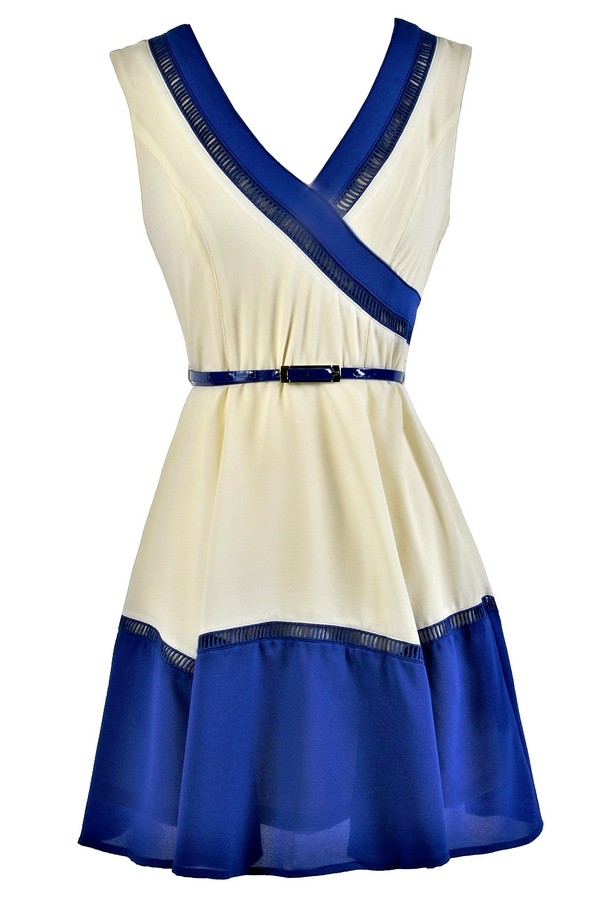 Blue And White Colorblock Dress Colorblock Belted Dress Cute