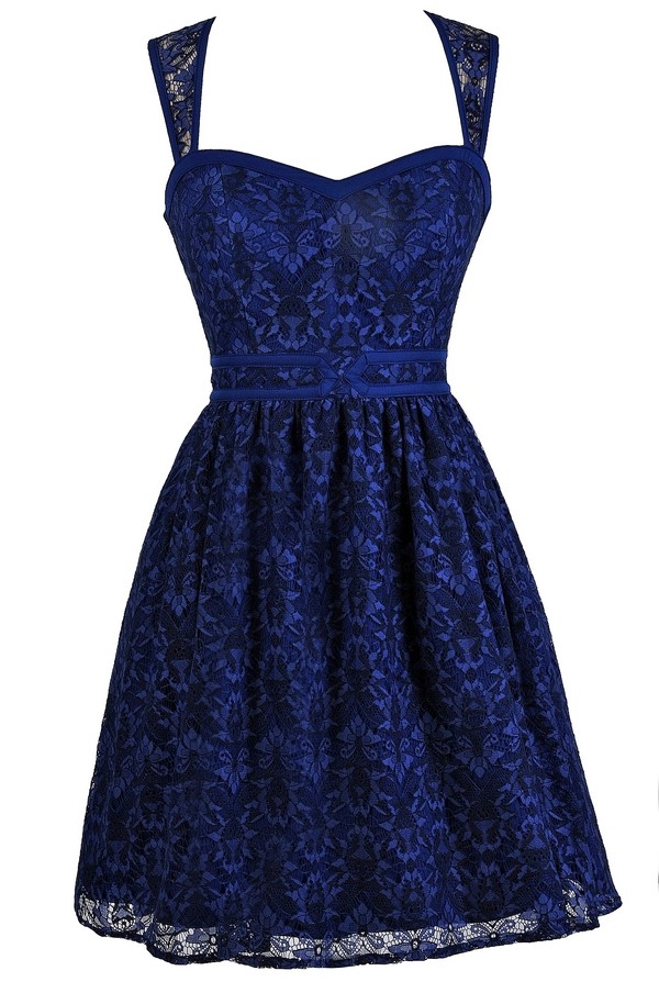 Blue A-Line Lace Dress, Blue Lace Party Dress, Blue Lace Cocktail Dress ...