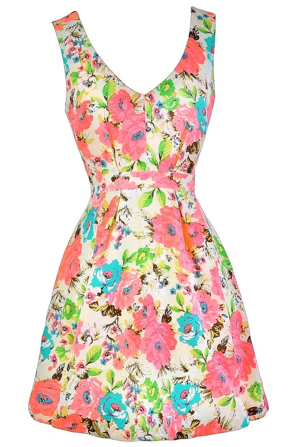 Bright Floral Print Dress, Neon Pink and Turquoise Floral Print Dress ...