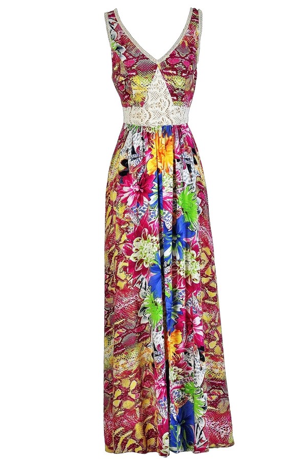 Hot Pink Maxi Dress, Tropical Maxi Dress, Printed Maxi Dress, Exotic ...