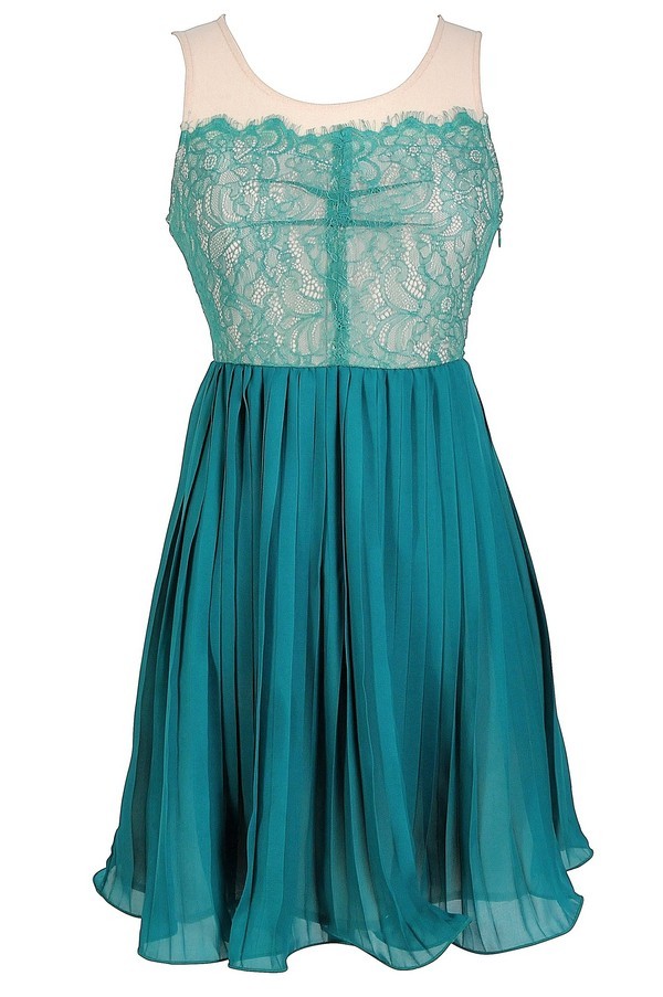 Lace and Pleated Chiffon Dress in Teal Lily Boutique