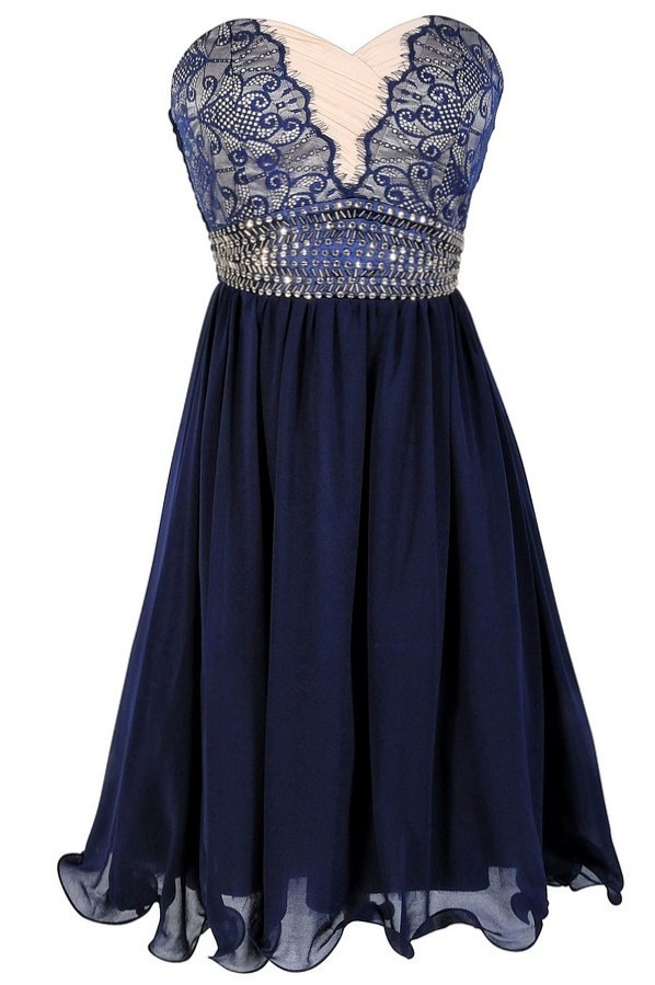 Lace Overlay Embellished Waistband Chiffon Designer Dress in Navy/Cream ...