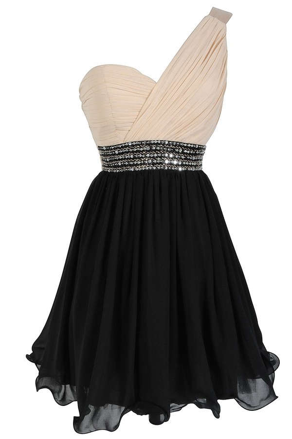 One Shoulder Embellished Chiffon Designer Dress in Cream/Black Lily ...