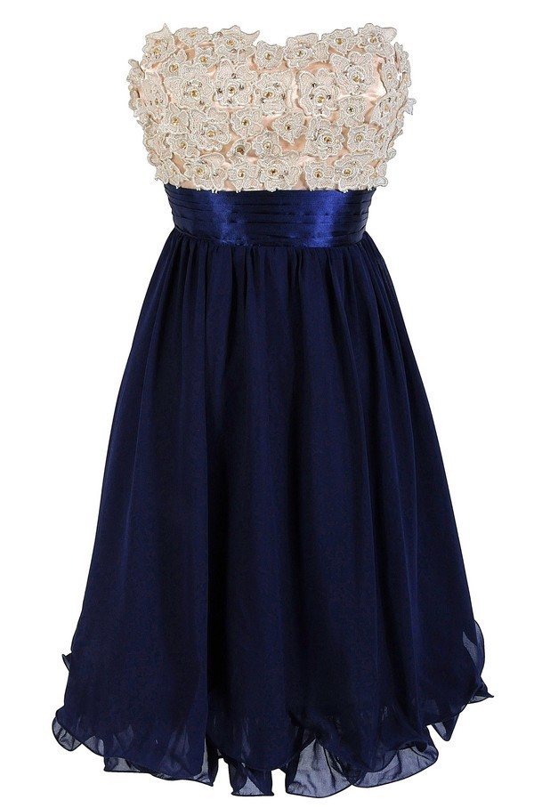 3-Dimensional Floral Applique Embellished Designer Dress in Cream/Navy ...