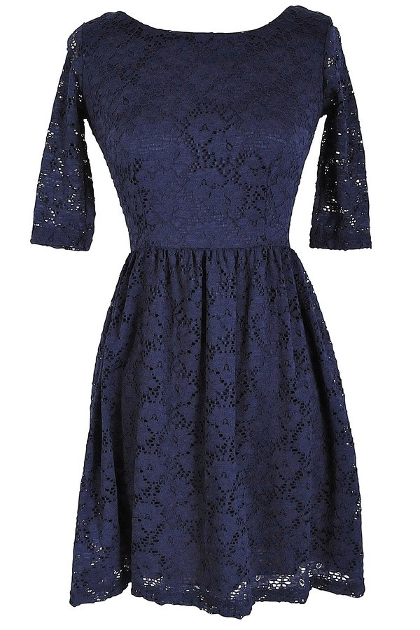 Navy Three Quarter Sleeve Lace Dress Lily Boutique