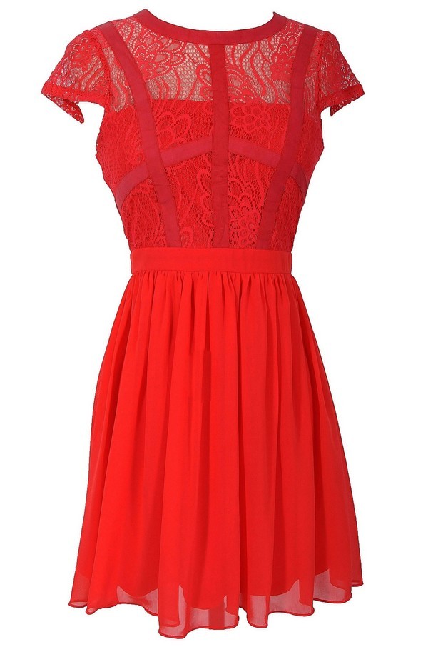 Capsleeve Lace Top Dress With Contrast Ribbon Overlay in Coral ...