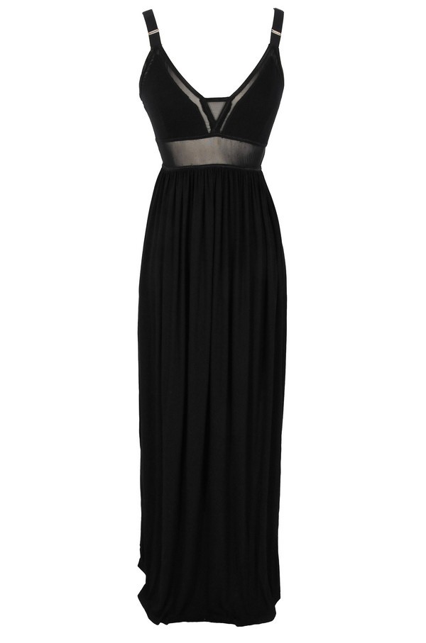 Black Maxi Dress With Mesh Waistband and Elastic Straps Lily Boutique
