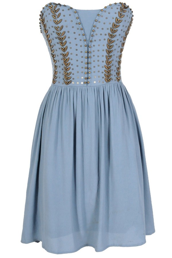 Antique Bronze Embellished Dress in Powder Blue - DRESSES Lily Boutique