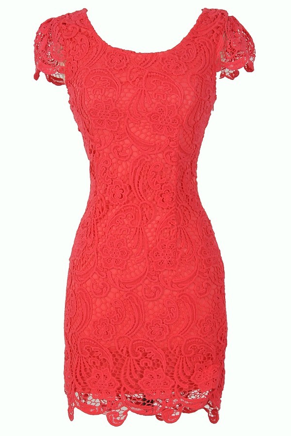 Nila Crochet Lace Capsleeve Pencil Dress in Coral Lily Boutique