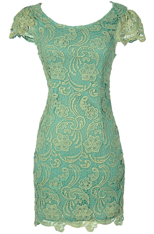 Nila Crochet Lace Capsleeve Pencil Dress in Mint Shimmer Lily Boutique