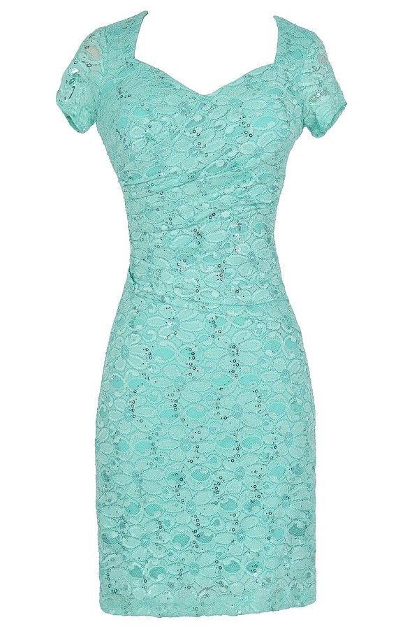 Lily Boutique Gathered Sequin and Lace Capsleeve Pencil Dress in Aqua ...