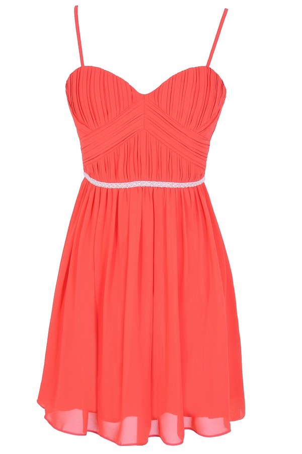 Cute Red Coral Embellished Chiffon Dress, Coral Minuet Dress, Red ...