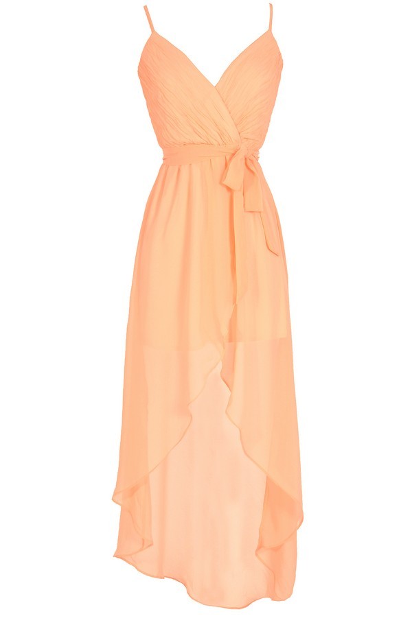 Crinkled Chiffon Crossover High Low Dress in Neon Orange Lily Boutique