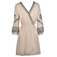 Beige and Black Embroidered Dress, Cute Summer Dress, Beige Wrap Dress