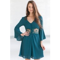 Cute Teal Green Bell Sleeve Fall Boho Festival Dress