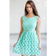 Aqua Mint Lace A-Line Dress, Belted Mint Lace Dress, Cute Summer Dress, Mint Sundress, Boutique Dress