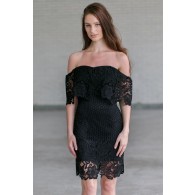 Black crochet lace off shoulder dress, Cute Little Black Dress Online