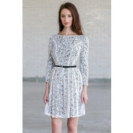 Ivory and Black Lace Belted Three Quarter Sleeve A-Line Designer Dress