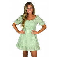 Cute Green and White Puff Sleeve Dot Printed Summer Dress