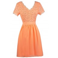 Cute Neon Orange Lace Dress, Neon Orange lace and Chiffon Dress, Neon Orange Capsleeve Dress