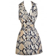 Python Print Dress, Snakeskin Print Dress, Navy and Beige Snake Print Dress, Snakeskin Trench Coat Dress, Navy and Beige Snake Print Dress, Navy and Beige Python Dress, Cute Animal Print Dress