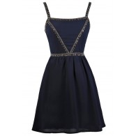 Navy Blue Beaded Embellished Cocktail Party Dress