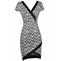 Cute Chevron Dress, Black and Ivory Chevron Dress, Crossover Hem Dress, Cute Party Dress