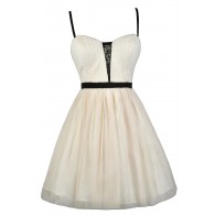 Ivory and Black Ballerina Dress, Cute Rehearsal Dinner Dress, Beige and Black Tulle Dress