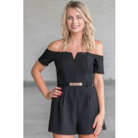 Cute Black Romper, Belted Black Romper, Off Shoulder Romper