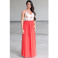 Lotus Embroidered Open Back Maxi Dress in Coral Red