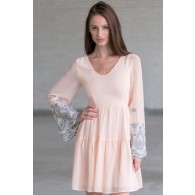 Angelic Hippie Embroidered Bell Sleeve Dress in Baby Peach