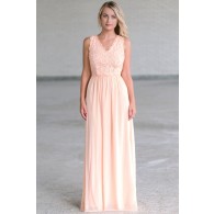 Peach Lace Maxi Dress Online, Cute Summer Dress, Peach Lace Bridesmaid Dress