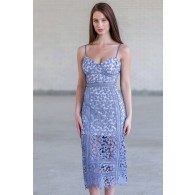 Sky Blue Crochet Lace Pencil Dress, Cute Blue Lace Cocktail Dress, Blue Lace Summer Dress Online