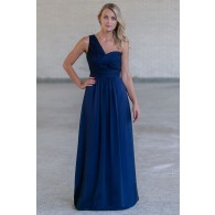 Navy Blue One Shoulder Maxi Formal Bridesmaid Dress