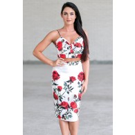 Red and White Rose Print Two Piece Outfit, Cute Rose Print Dress