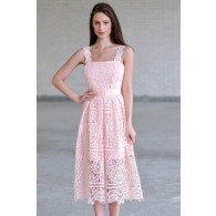 Pink Lace Midi Dress, Cute Pink A-Line Dress